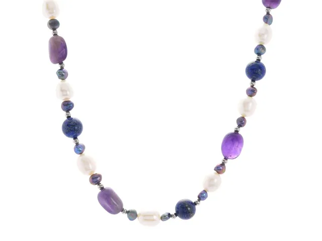 COLLIER, vitmetall, ametister, odlade sötvattenspärlor, kulor av lapis lazuli, längd 46 cm, vikt 43,0 g.