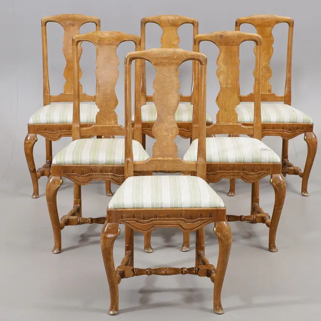 STOLAR, 6 st, björk, rokokostil, 1900-tal.