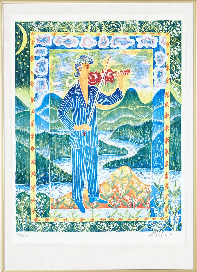 MÅRTEN ANDERSSON. fiolspelande man, färglitografi, signerad och numrerad 205/300. — Engravings & Prints — Stockholms Auktionsverk Sickla