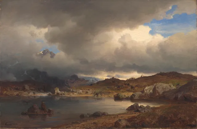 Gude, Hans Fredrik — Reinsdyr ved fjellvann, 1858