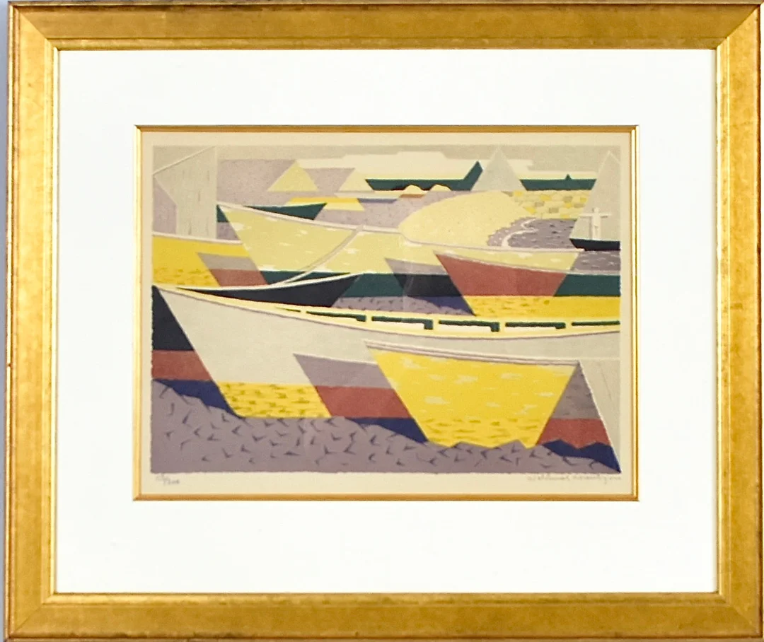 WALDEMAR LORENTZON. färglitografi, Båtar på strand. — Engravings & Prints — Halmstads Auktionskammare