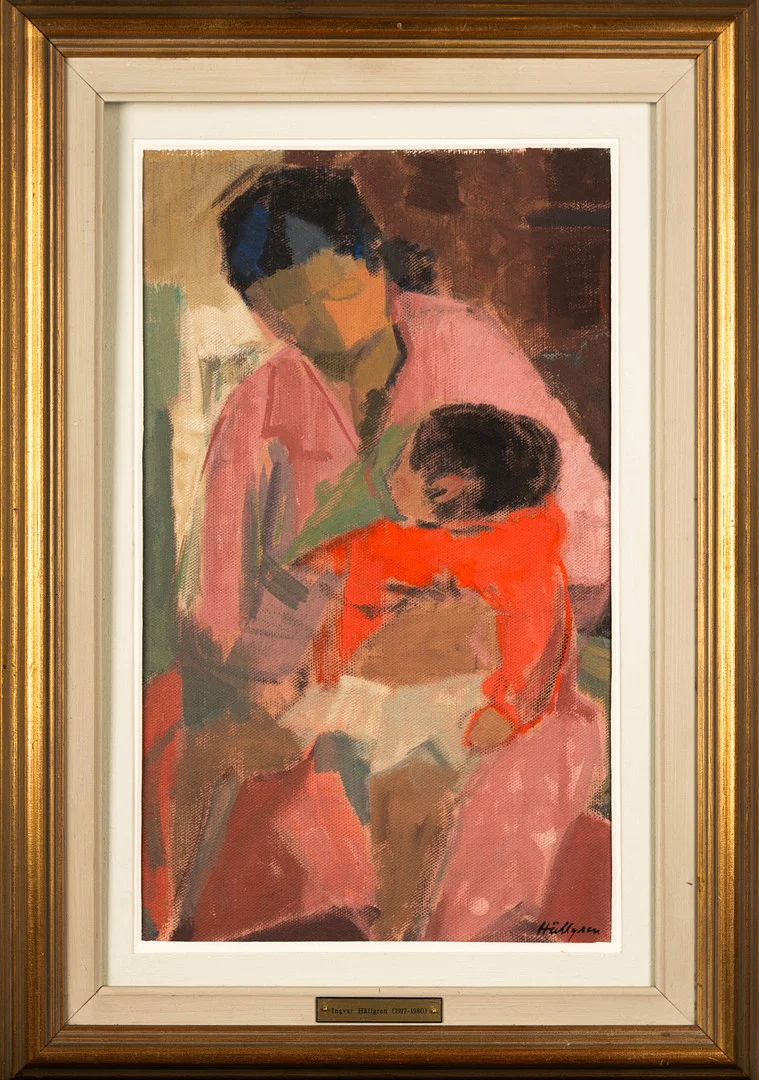 INGVAR HÄLLGREN. Olja på duk, Kvinna med barn, Signerad. — Paintings — Norrlands Auktionsverk