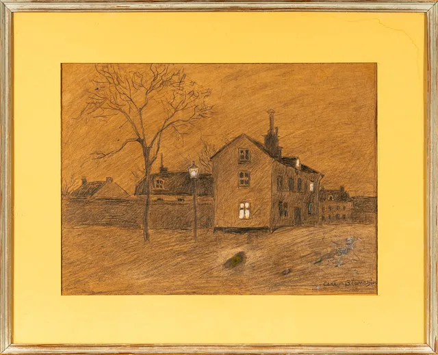 ARTUR BIANCHINI. Blandteknik på papper, ”Kvällsbild från Södermalm”, Signerad.