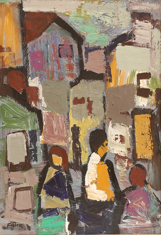 GÖSTA FALCK. Olja på duk, "Stadsmotiv med figurer", signerad.