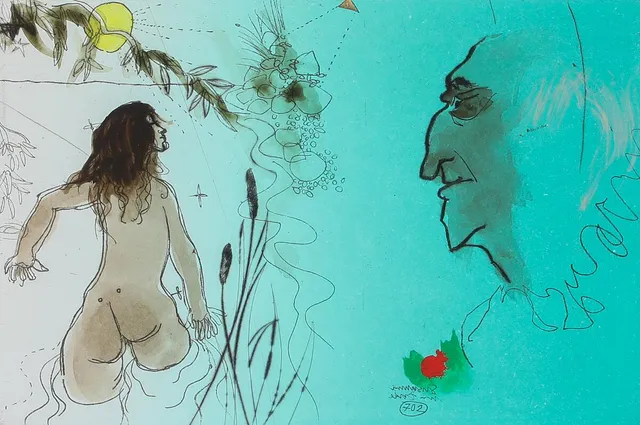 “Susanne und der Alte”. Signed Adi Holzer 89, 58/150. Aquatint. Visible size 23×31 cm.