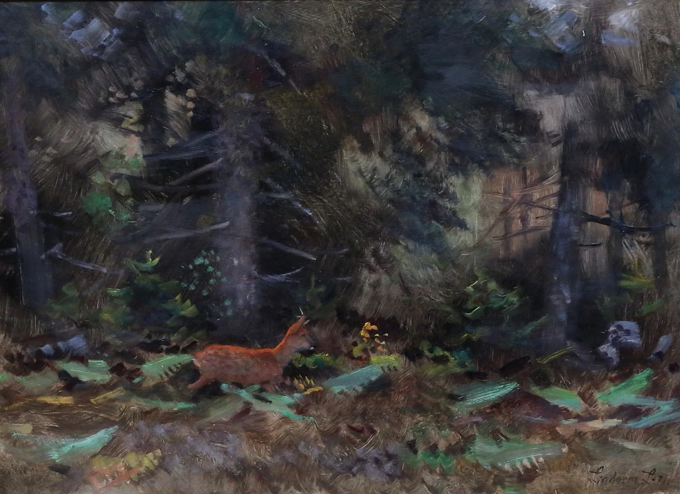 LINDORM LILJEFORS. Skogslandskap med rådjur. Olja på pannå, signerad Lindorm L, daterad -71. — Paintings — Gomér & Andersson Linköping