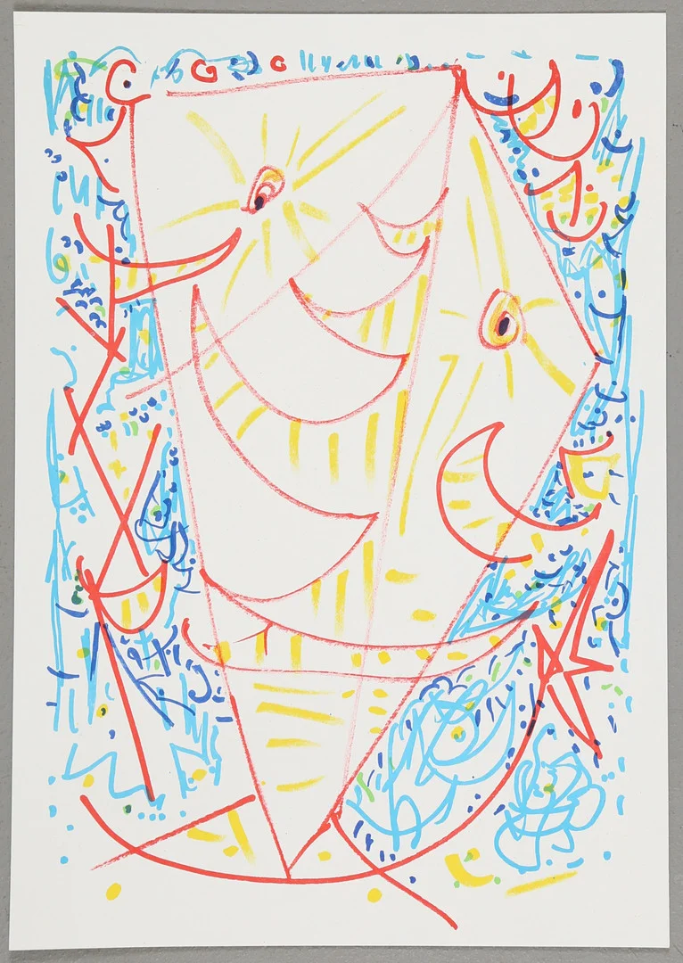 EGILL JACOBSEN (1910-1998). "Glad Maskefigur", litografi i farver. — Engravings & Prints — Bidstrup Auktioner