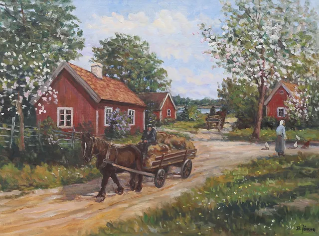 BROR JÖNSSON. På gården. Olja på duk, signerad.