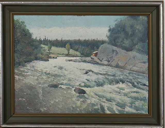 AUGUST LUNDBERG. Olja på pannå. Landskap med fors. Signerad Aug. Lundberg.