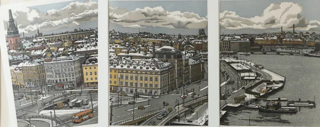 SVEN OLOF EHRÉN. Utiskt från Slussen mot Gamla Stan, triptyk, färglitografi, signerade och numrerade.