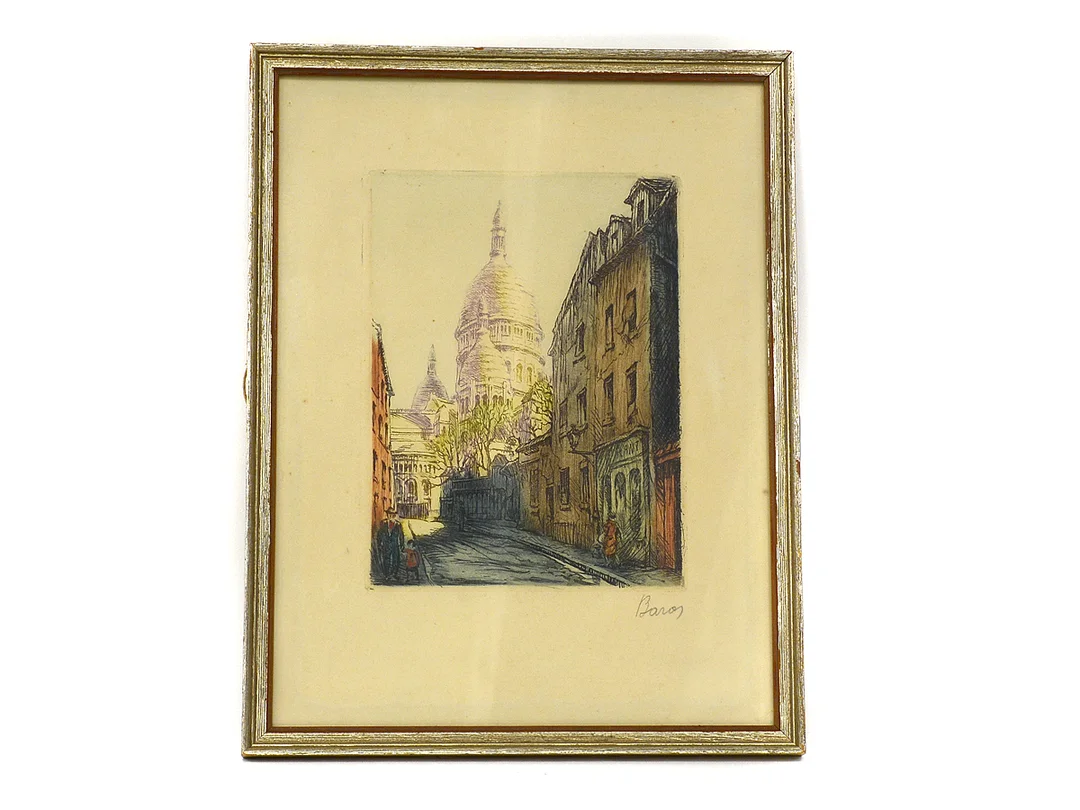 Teckning färgad inramad signBaron 24,5x33cm motiv15,5x21cm skadad ram — Konst/Övrigt — Kaplans