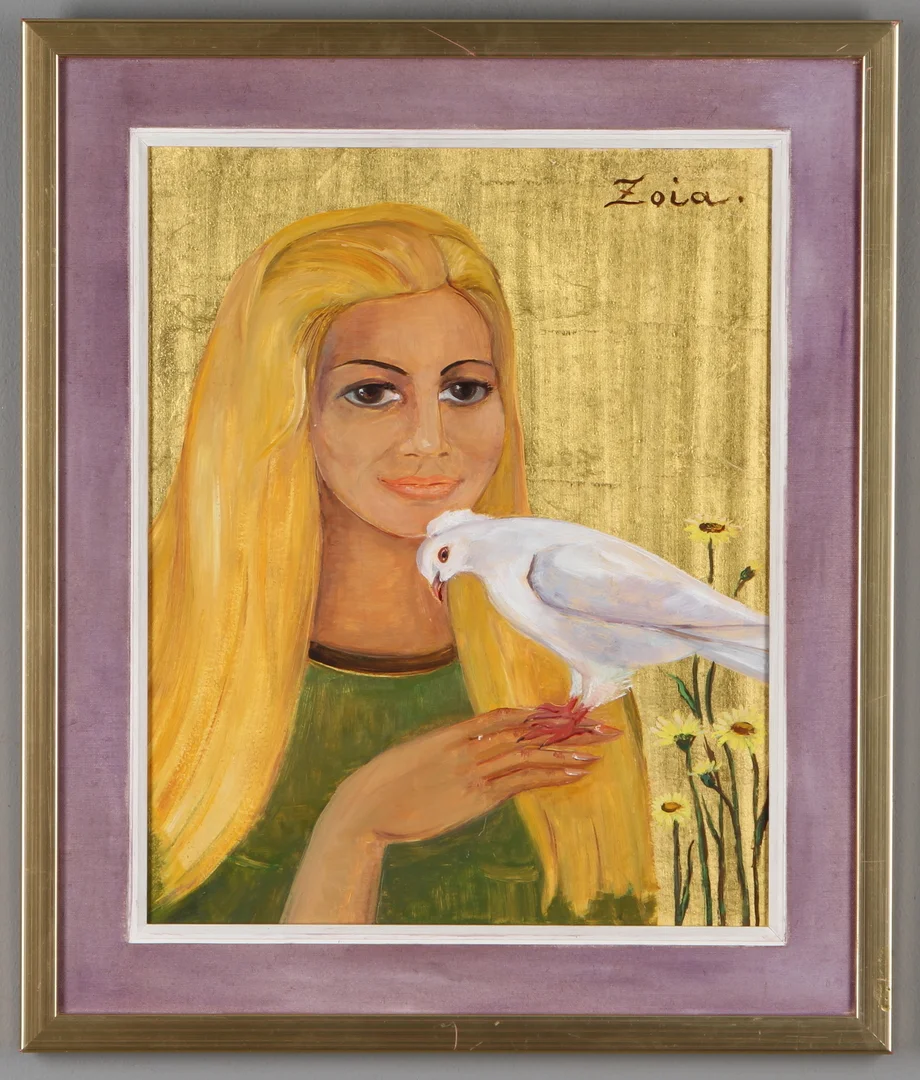 ZOIA KRUKOWSKAJA. Kvinna med fågel, blandteknik på pannå, signerad. — Paintings — Auktionshuset Kolonn