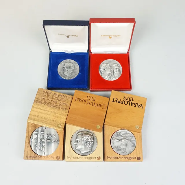 MINNESMEDALJER, 5 st, finsilver 999/1000, Svenska Medaljgillet.