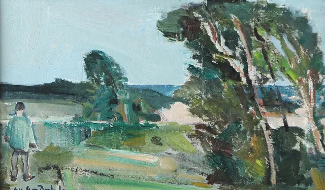 GUNNAR BERGLUND. Landskap med figur, olja på pannå, signerad.