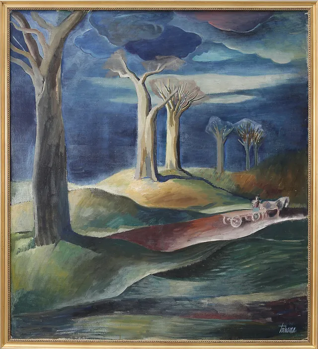 GUNNAR TORHAMN. Man med häst i landskap, olja på duk, signerad Torhamn.