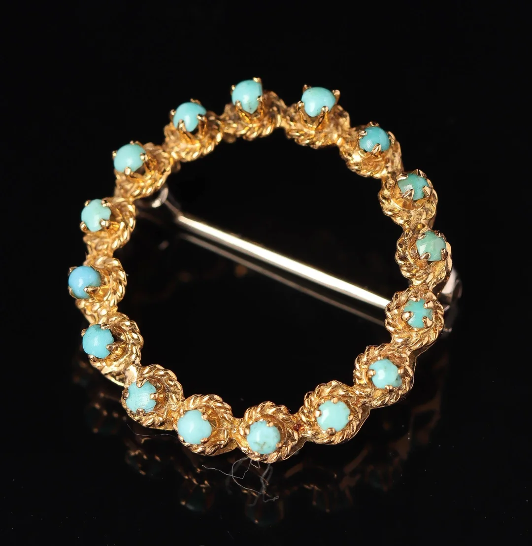 Vintage broche med turkiser af 14 kt. guld. — Jewellery/Brooches — Lauritz