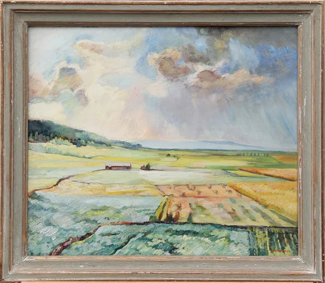 SVEN JOANN. OLJA, på pannå, landskap, signerad.