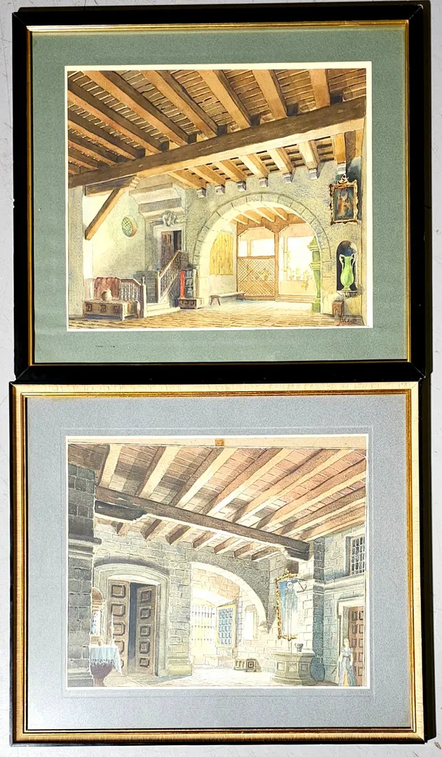 FIRMADO J. VIDAL. DOS VISTAS DE INTERIOR. CASA ANTIGUA MALLORQUINA. DOS ACUARELAS SOBRE PAPEL.