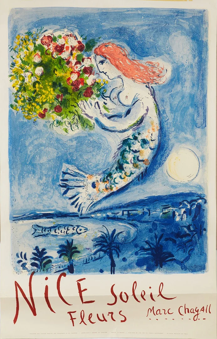 MARC CHAGALL (Frankrike 1887-1985): "Nice Soleil Fleurs"- "Baie des Anges", färglitografisk affisch. — Engravings & Prints — Stockholms Auktionsverk Magasin 5
