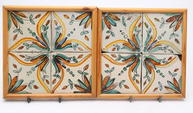 Pair of panels with four "de mostra" Catalan tiles, 19th Century.