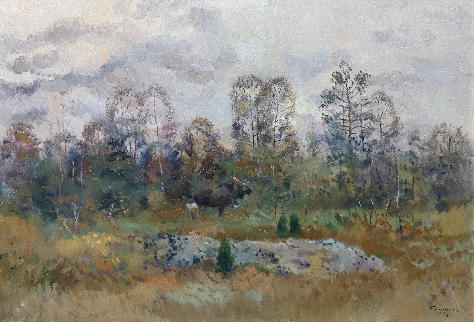 HARALD GRENNARD. Olja på duk, "Älg i björklandskap", signerad, daterad 1978. — Paintings — Gomér & Andersson Jönköping