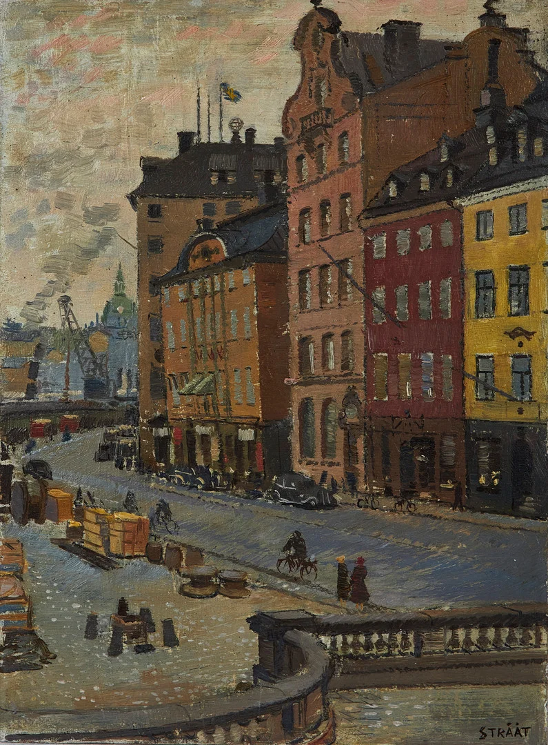 HJALMAR STRÅÅT (1885-1971). "Vid telegrafen Stockholm", signerad, olja på pannå. — Paintings — Stockholms Auktionsverk Sickla