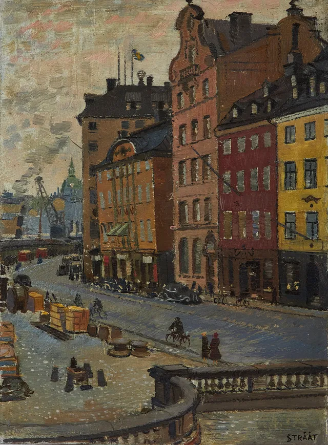 HJALMAR STRÅÅT (1885-1971). "Vid telegrafen Stockholm", signerad, olja på pannå.