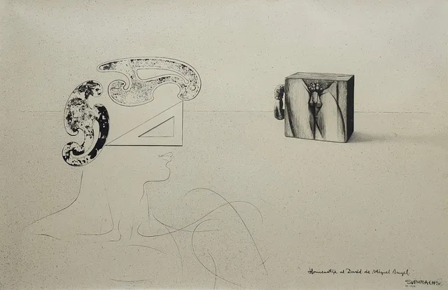 JOSEP MARIA SUBIRACHS. "HOMENAGE AL DAVID DE MIGUEL ÁNGEL". DIBUJO EN TINTA SOBRE PAPEL. FIRMADO Y FECHADO 1973.