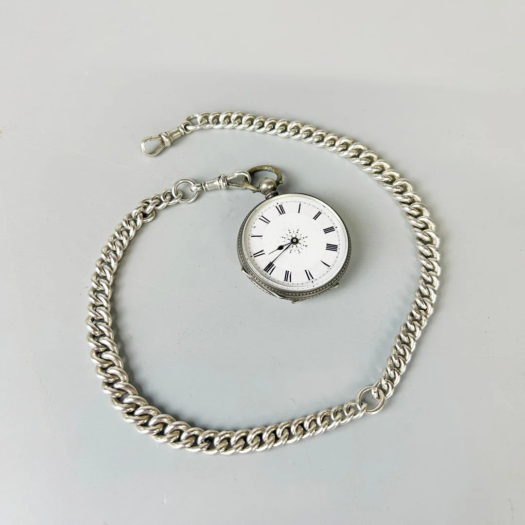 SILVER POCKET WATCH AND CHAIN. — Pocket & Stop Watches — Chalkwell Auctions