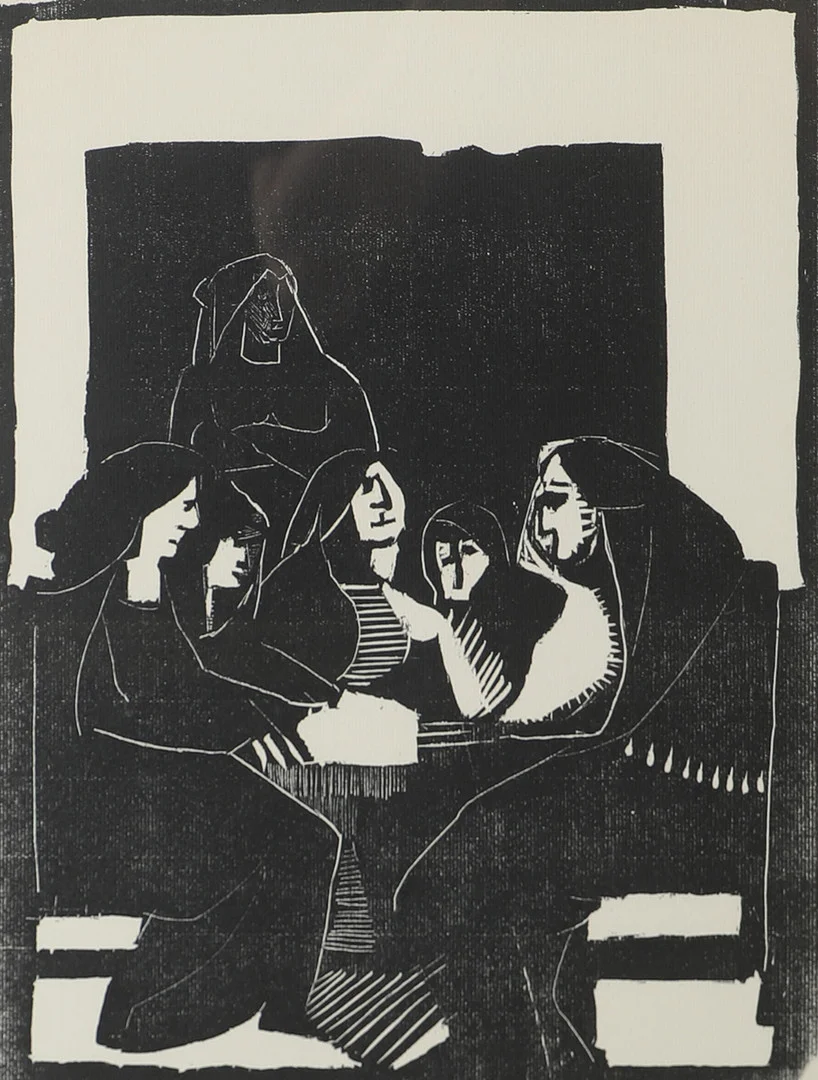 LENNART ROSENSOHN. Samtal, träsnitt, signerad Rosensohn. — Engravings & Prints — Helsingborgs Auktionskammare