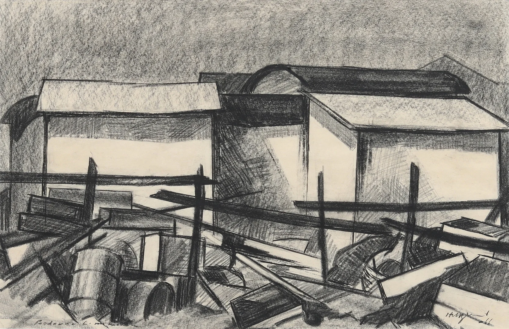 BENGT HILLGRUND. "Bodarna, Limhamn", Kolteckning, signerad. — Drawings — Garpenhus Auktioner