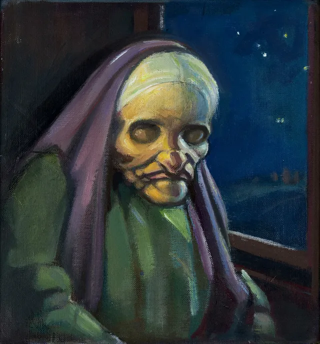 PER FISCHER (1877-1974). "Månljus utanför fotogenlampor i kupen", a tergo, olja, duk på pannå.