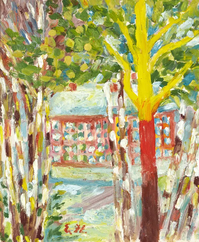 ESTER HENNING (Sverige, 1887-1985), "Bostadshus bakom trädstammar", monogramsignerad, E. H., olja på pannå.