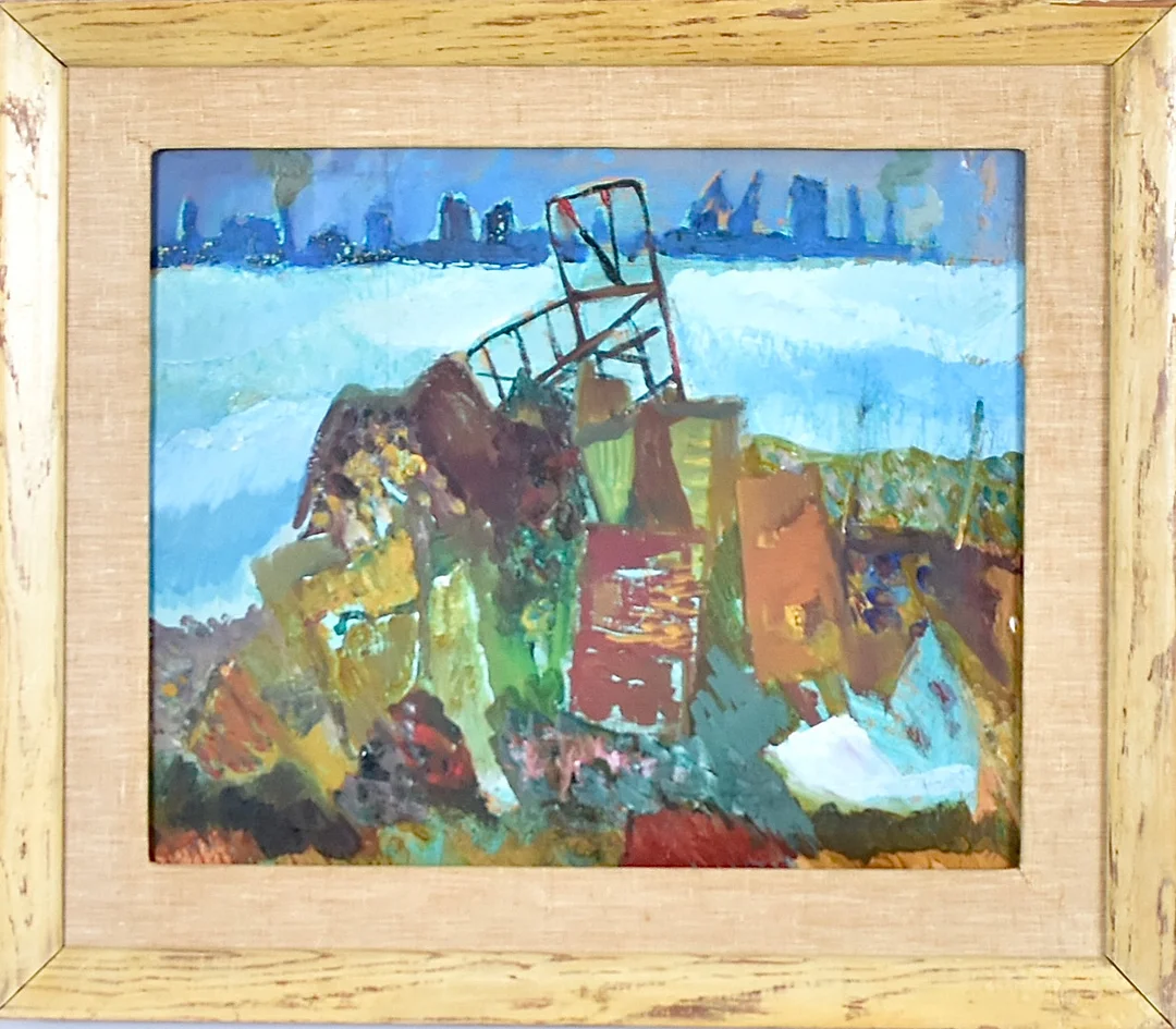 FELIX HATZ. oljemålning på pannå, "Storstadens avlagringar" - motiv mot Halmstad Hamn. — Paintings — Halmstads Auktionskammare