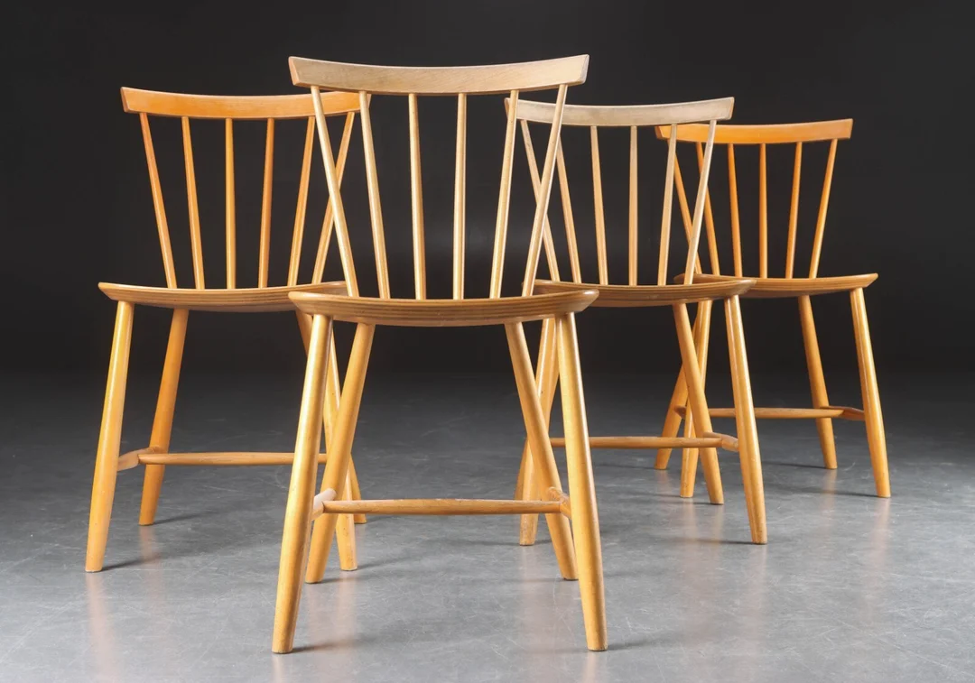 Poul M. Volther for FDB. Sæt på fire tremmestole af bøgetræ, model 'J46' (4) — Furniture/Chairs — Lauritz
