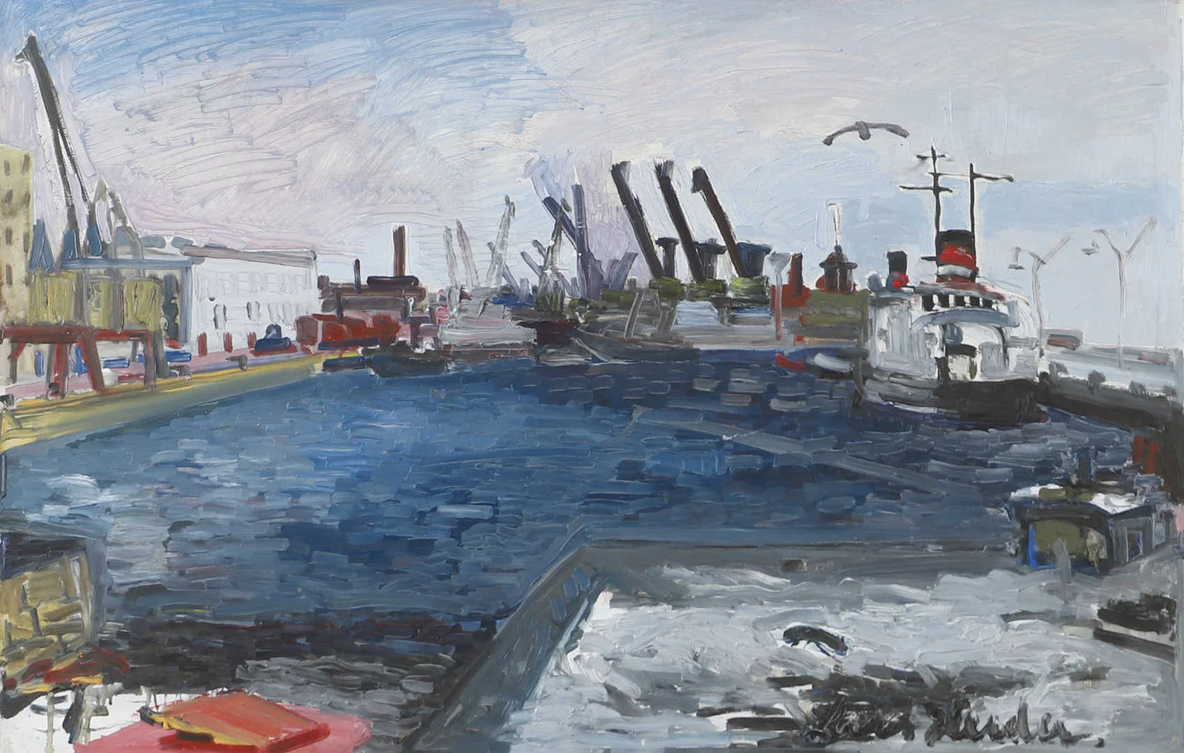 LARS HERDER. Helsingborgs hamn, olja på pannå, signerad. — Paintings — Helsingborgs Auktionskammare