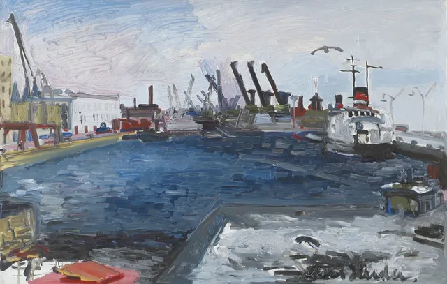 LARS HERDER. Helsingborgs hamn, olja på pannå, signerad.