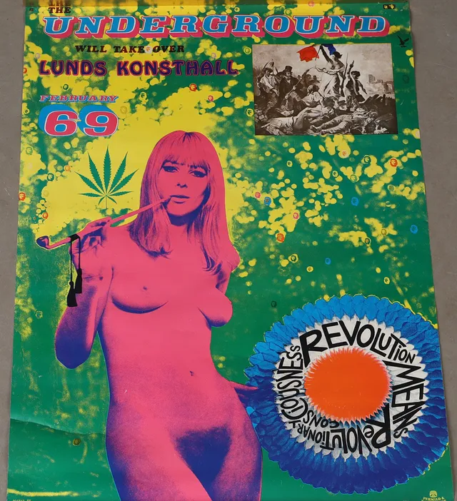 STURE JOHANNESSON & EUGÉNE DELACROIX. Utställningsaffisch, "The Underground will take over Lunds konsthall february 69", Legal Visions, Malmö, 1968.