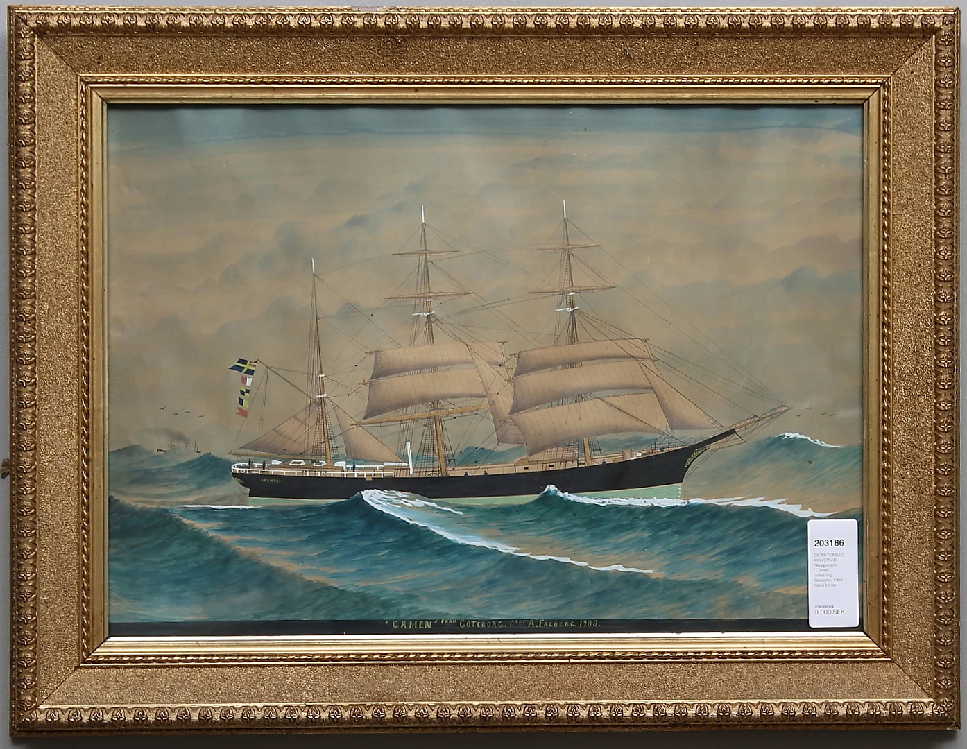 OIDENTIFIERAD KONSTNÄR. Skeppsmotiv "Camen" Göteborg. Gouache. 1900-talets början. — Paintings — Gomér & Andersson Linköping