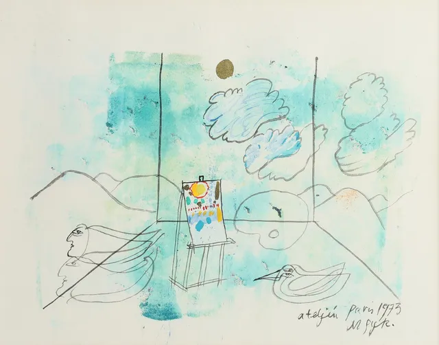 MADELEINE PYK. Ateljen - Paris, signerad och daterad M. Pyk 1973, akvarell.