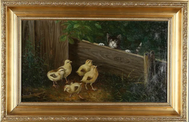OIDENTIFIERAD KONSTNÄR. Katt smygandes på kycklingar, olja på duk, signerad.