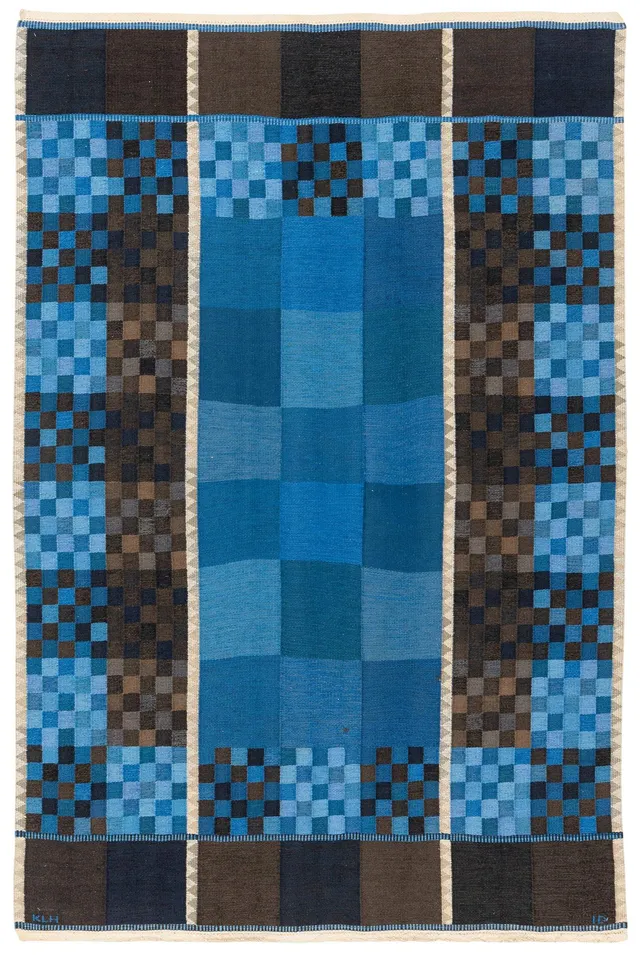 Ingrid Dessau, matta, ”Blå Rutor”, rölakan, ca 269 x 175 cm, signerad KLH ID.