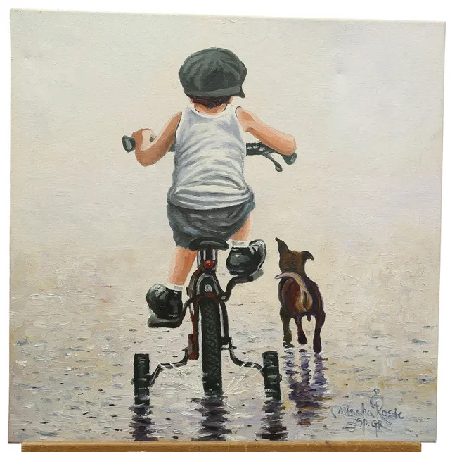 MISCHA ROSIC. Olja på duk, cyklande pojke med hund signerad.