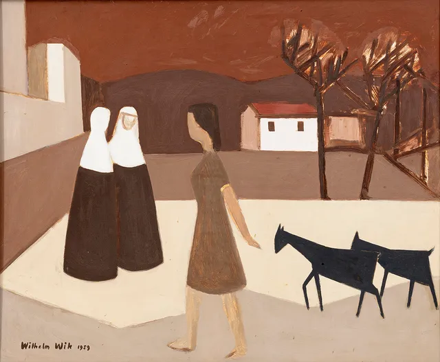 WILHELM WIK. Flicka med getter, olja på pannå, signerad och daterad, 1959.