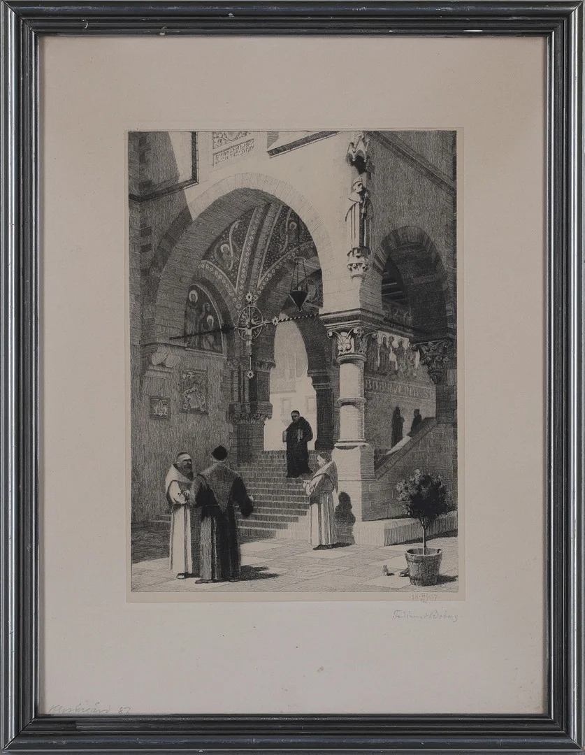 FERDINAND BOBERG. Etsning, "klostergården", signerad, 1887. — Engravings & Prints — Gomér & Andersson Norrköping