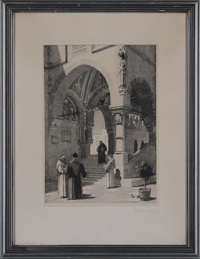 FERDINAND BOBERG. Etsning, "klostergården", signerad, 1887.