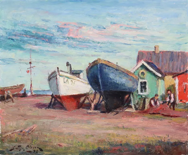 GOTTFRID OLSSON (1890-1979). olja på pannå, uppdragna fiskebåtar.