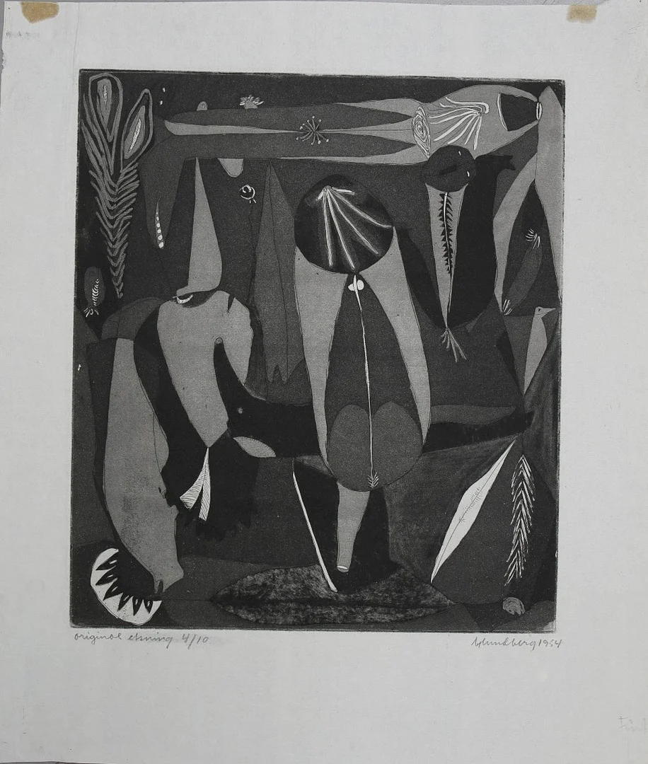 BERTIL LUNDBERG. Etsning, numrerad 4/10, signerad B Lundberg, daterad 1954. — Engravings & Prints — Limhamns Auktionsbyrå