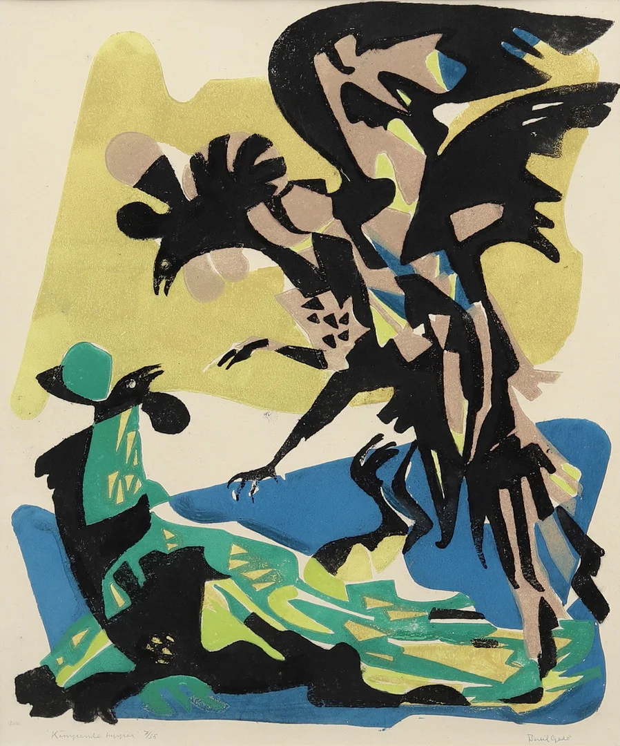 BERTIL GADÖ. "Kämpande tuppar, färglitografi nr 7/35, signerad. — Engravings & Prints — Garpenhus Auktioner