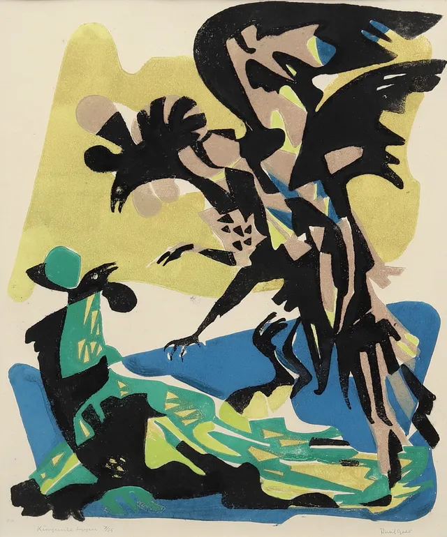 BERTIL GADÖ. "Kämpande tuppar, färglitografi nr 7/35, signerad.